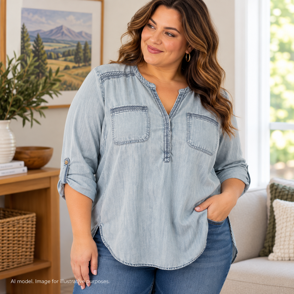 Eddie Bauer Shirt Women Large Blue Denim Embroidered Boho Prairie Country Tencel